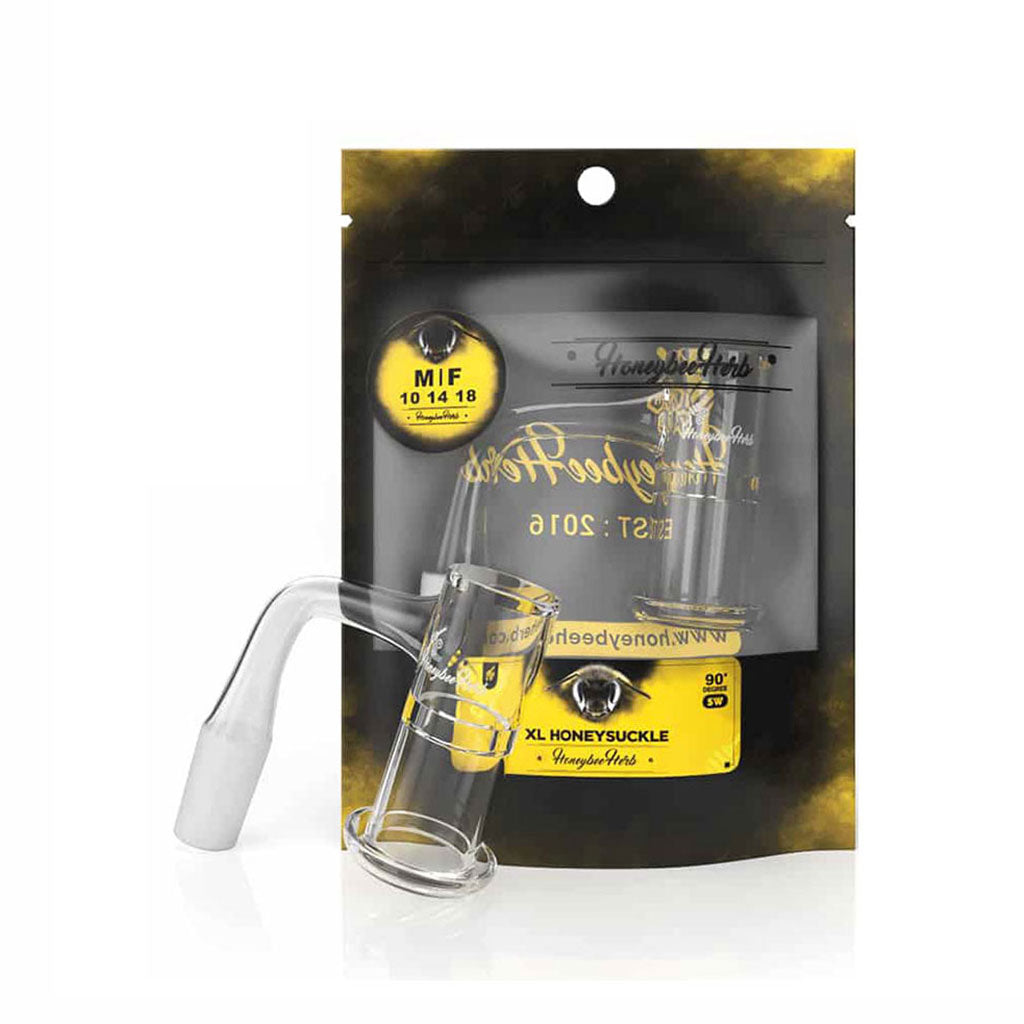 Honeybee Herb Honeysuckle XL Quartz Banger at 90° angle, clear, for dab rigs, on branded packaging