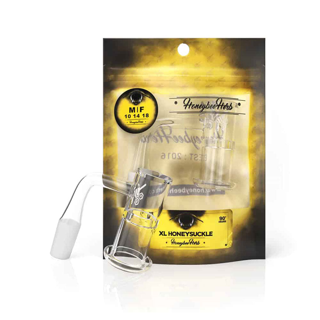 Honeybee Herb Honeysuckle XL Quartz Banger at 90Β° angle on packaging, clear, for dab rigs