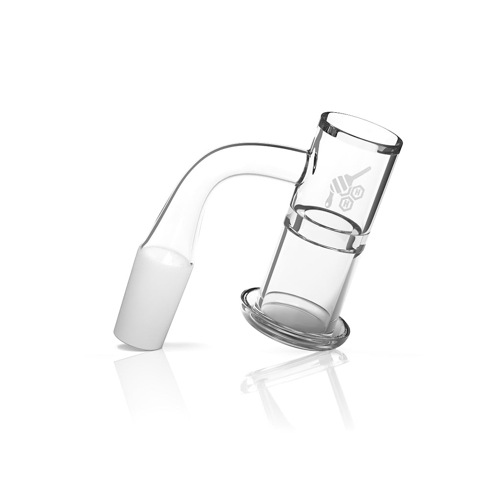 Honeybee Herb Honeysuckle XL Quartz Banger at 90Β° angle, clear, side view on white background