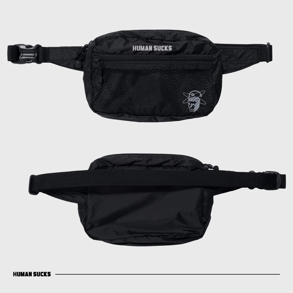 HUMAN SUCKS Black Fanny Pack front and top view, adjustable strap, with logo