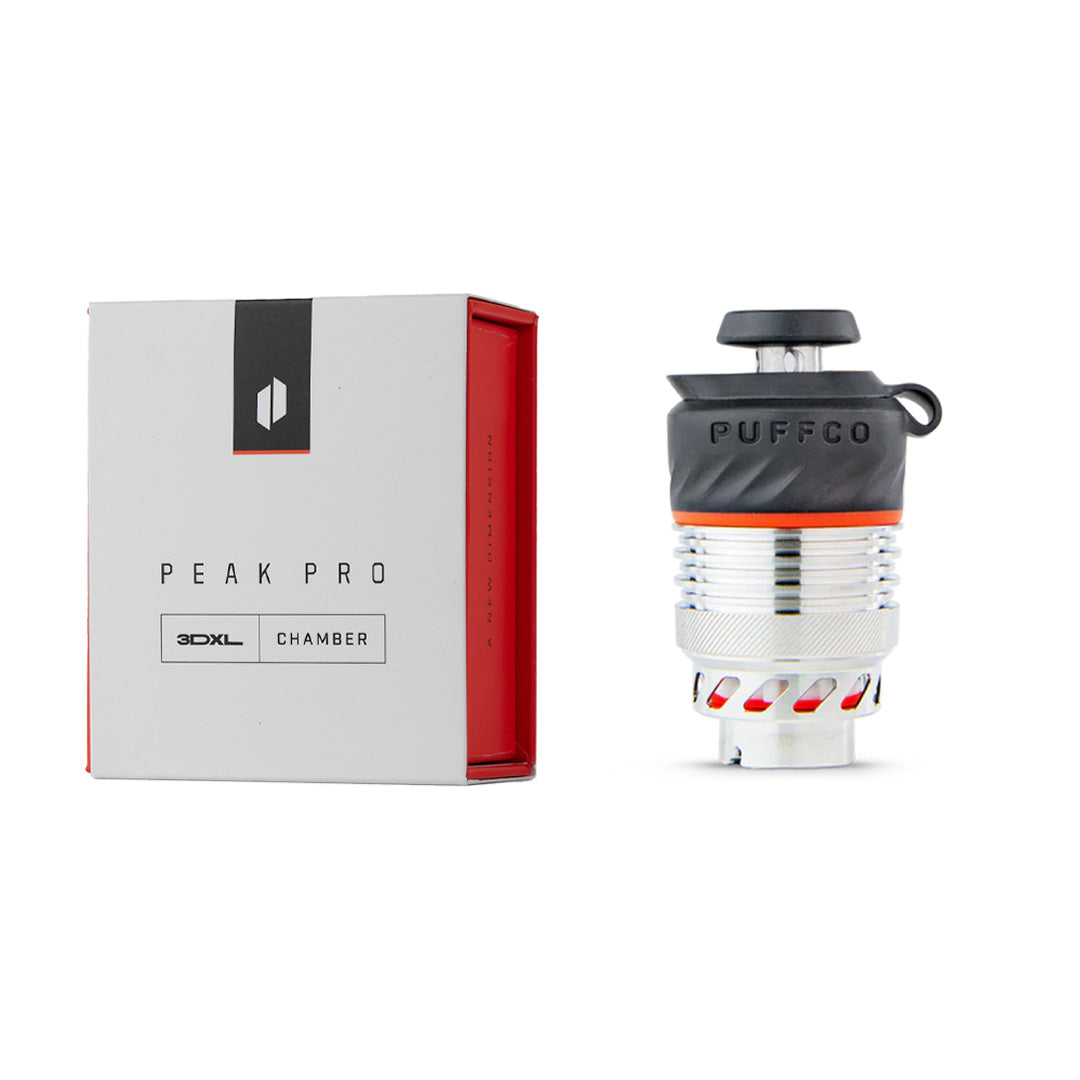 Puffco Peak Pro 3D XL Chamber Atomizer for e-rigs, front view next to its packaging