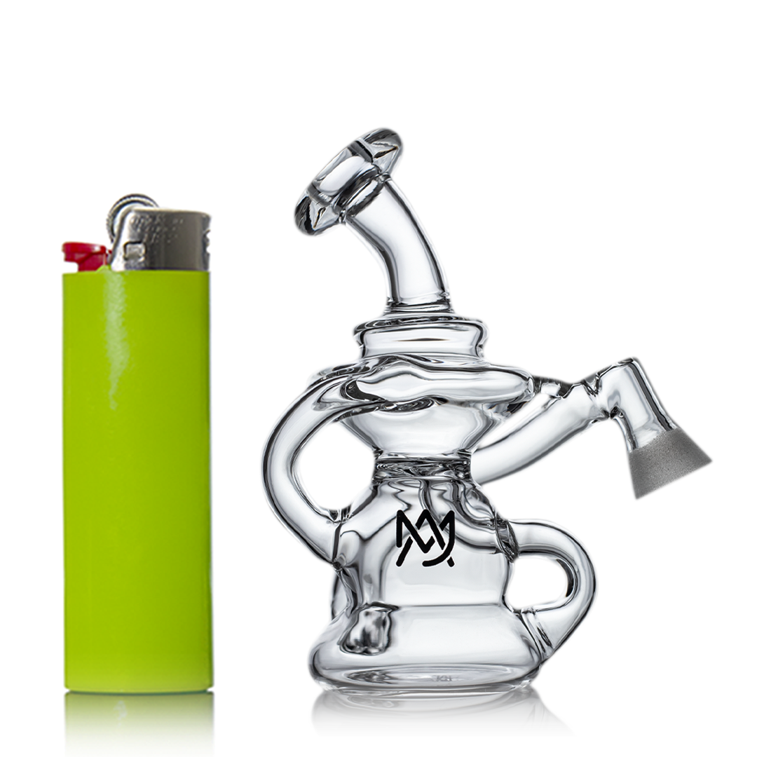 MJ Arsenal Hydra Vape Edition Mini Rig with Ceramic Halo Insert next to a green lighter