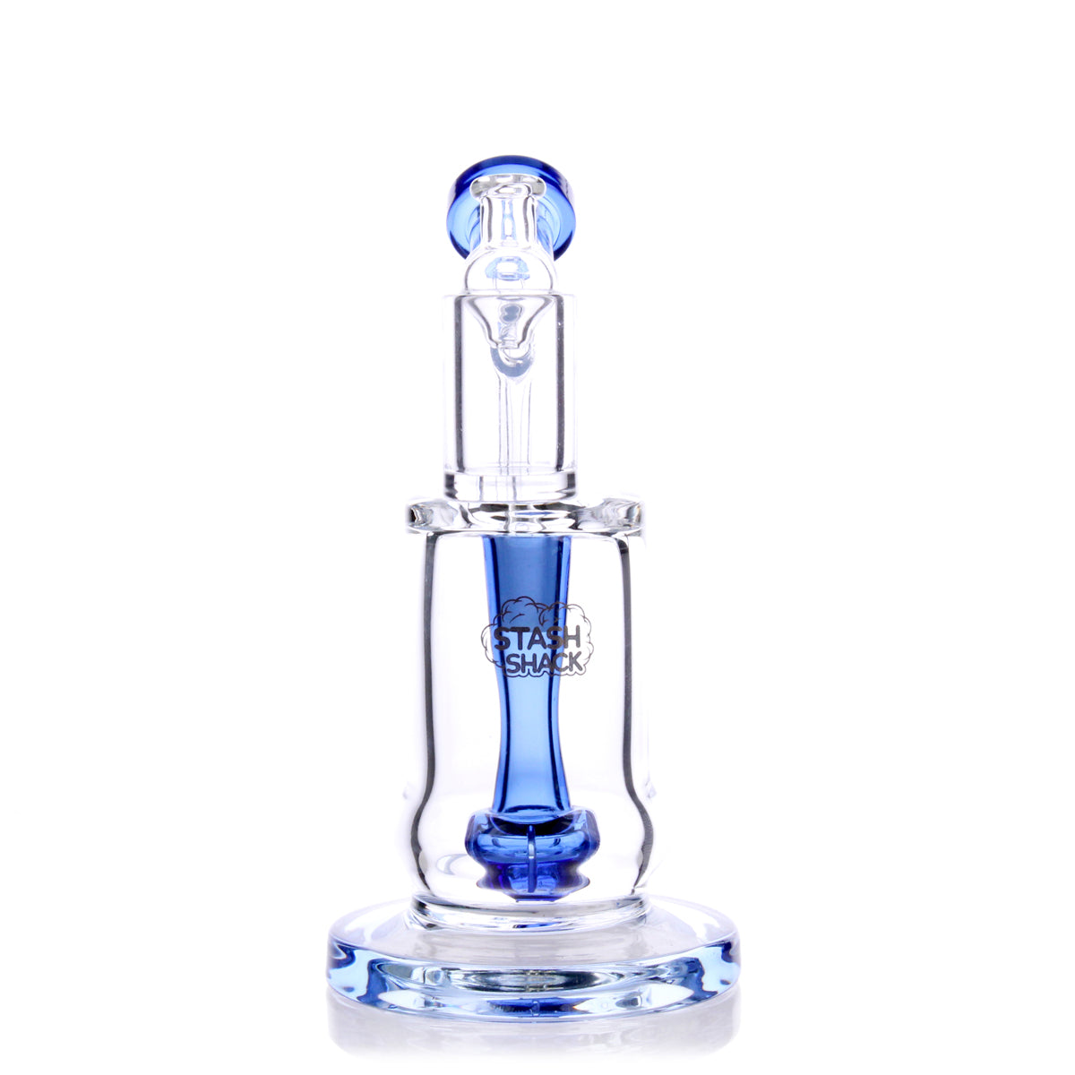 HydroBarrel Mini Rig by The Stash Shack in blue, compact 5" banger hanger design with showerhead percolator, front view