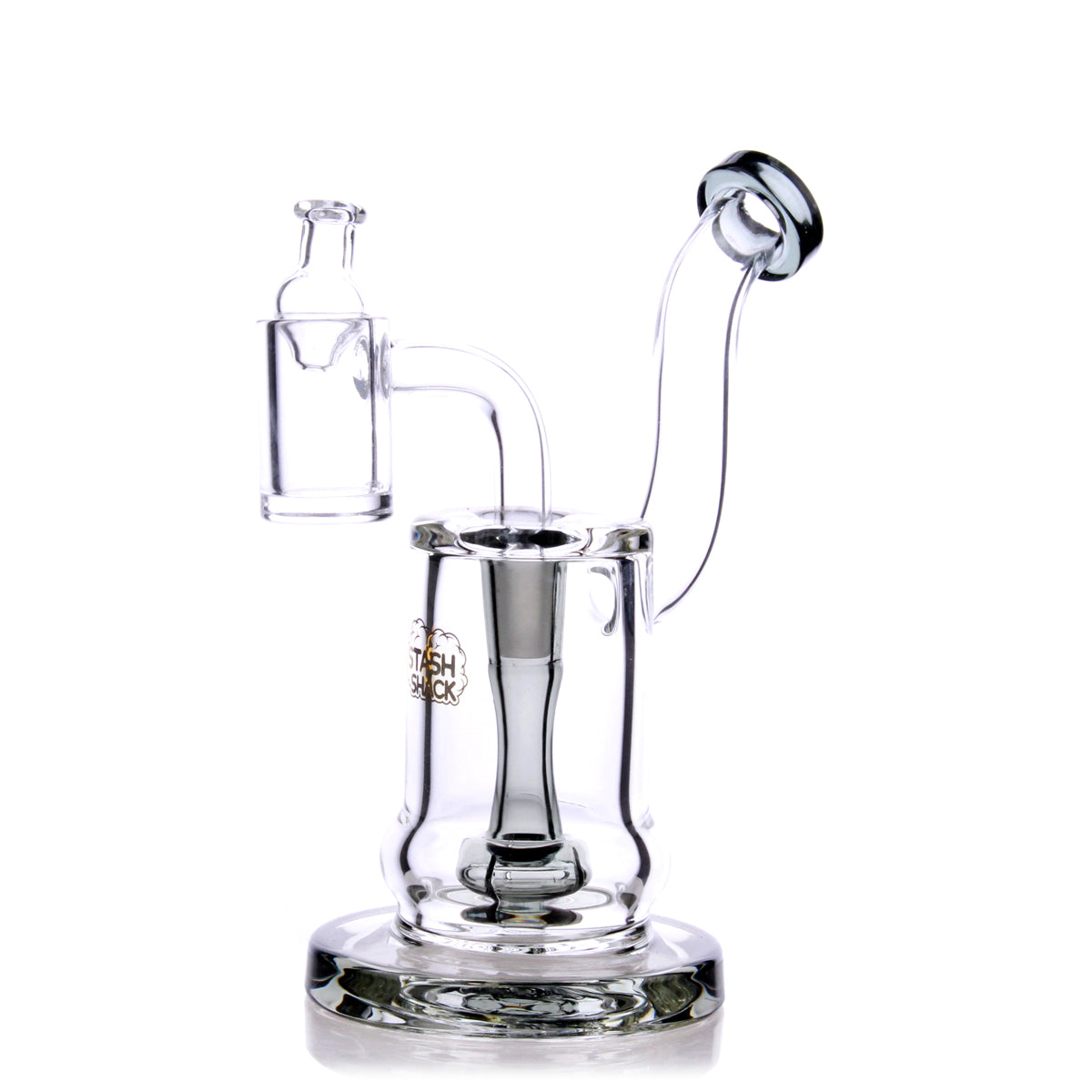 HydroBarrel Mini Rig by The Stash Shack, clear borosilicate glass with showerhead percolator, 5" tall, front view