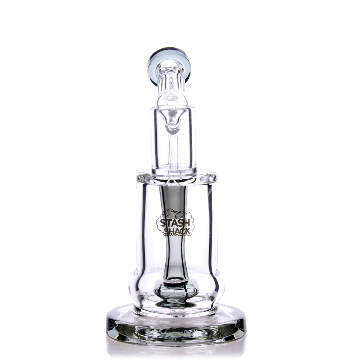 HydroBarrel Mini Rig by The Stash Shack, compact 5" borosilicate glass dab rig with showerhead percolator, front view