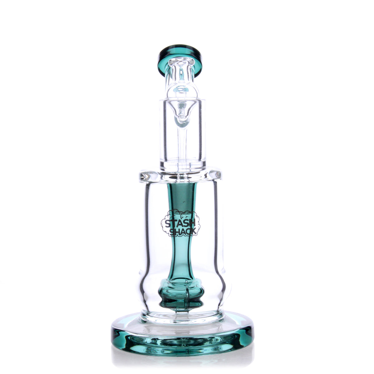 HydroBarrel Mini Rig by The Stash Shack, 5" compact borosilicate glass dab rig with showerhead percolator, front view on white background