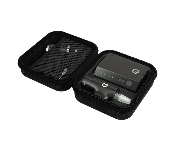 G Pen Hyer Vaporizer kit displayed open with components, top view on seamless background