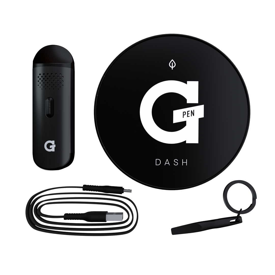 Grenco Science GPEN Dash Vaporizer with USB Charger and Tool on White Background