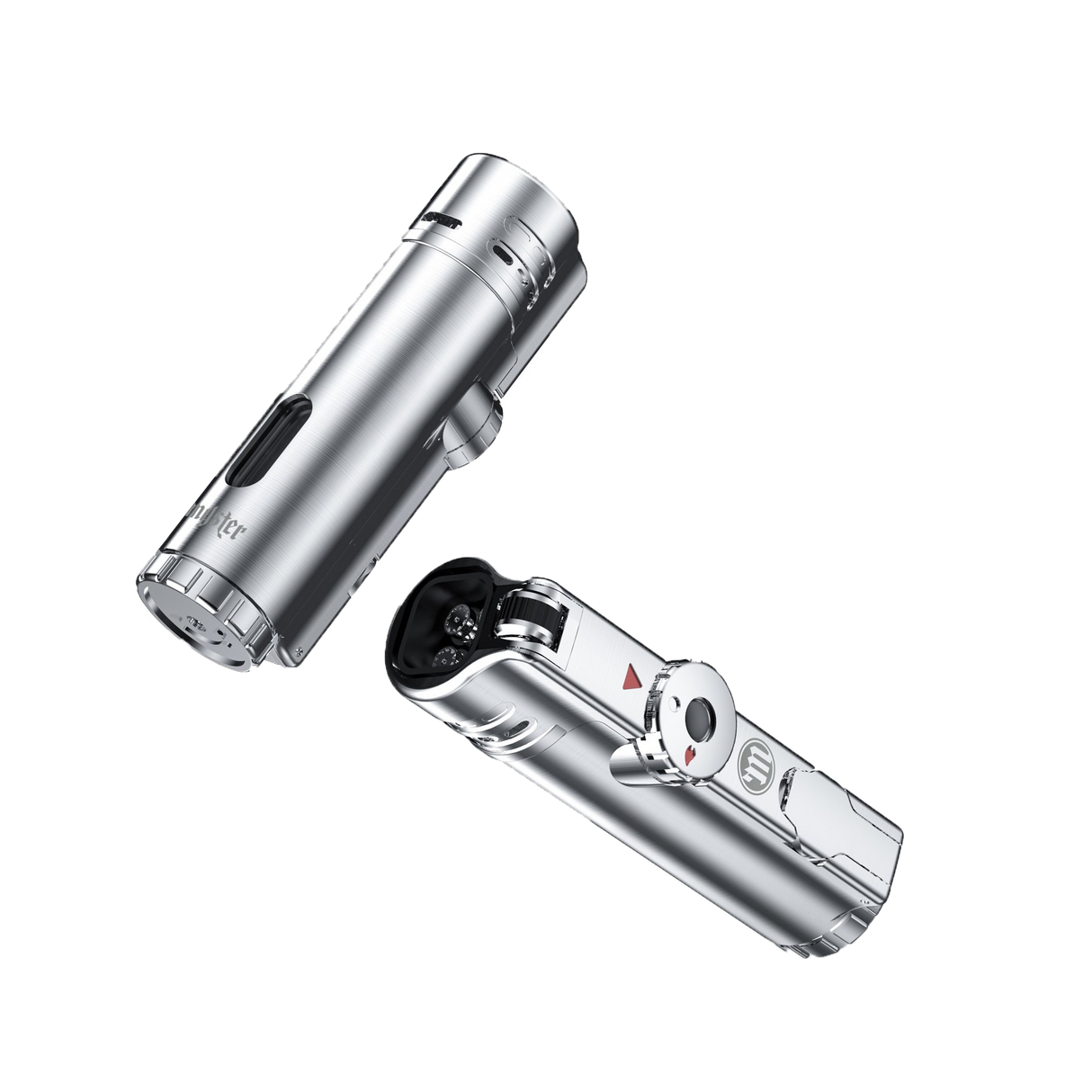 Myster SABR Torch in silver, angled and upright views on a black background