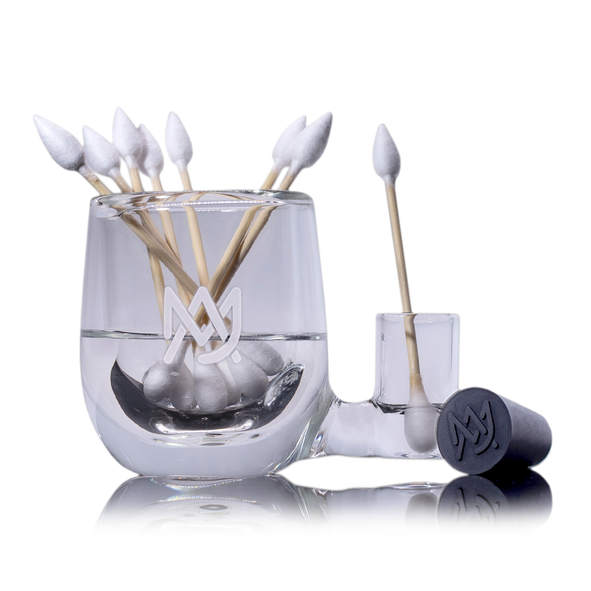 MJ Arsenal ISO Station with cotton swabs, compact borosilicate glass cleaner organizer, front view