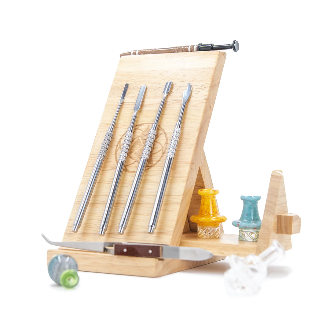 Apex Ancillary Dab Tool Set with wooden stand and four metal tools - angled front view