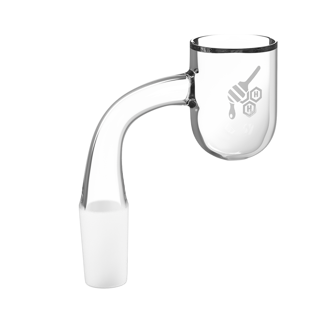 Honeybee Herb Yellow Line Quartz Banger with Flat Top Design, 90 Degree Joint on White Background
