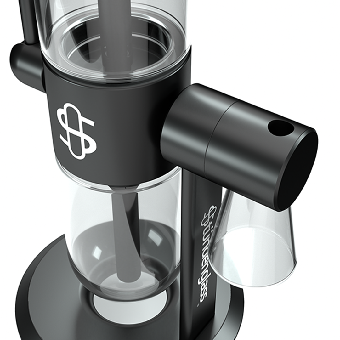 Stündenglass Ash Catcher with clear glass and black accents, angled view on white background