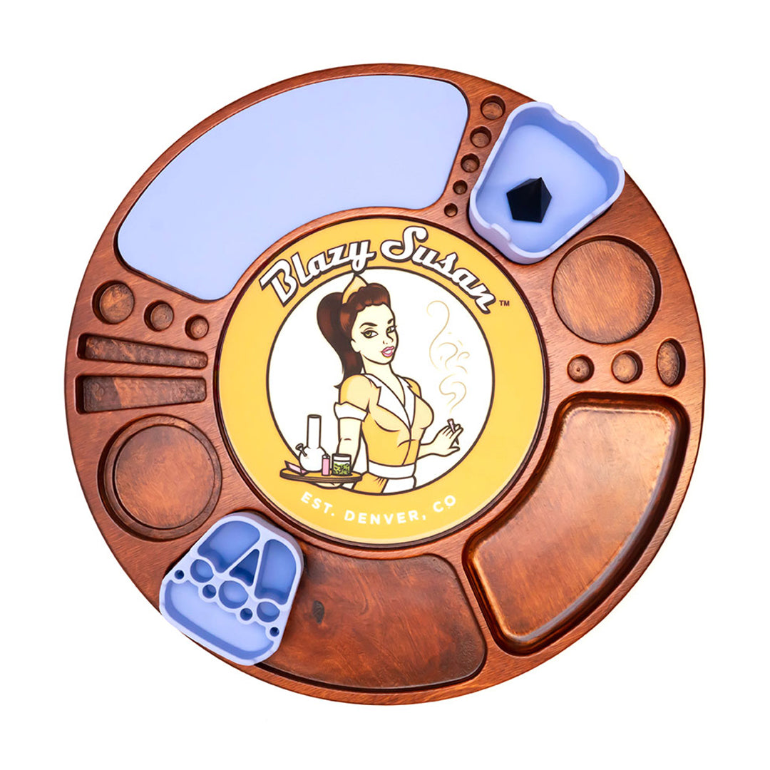 Blazy Susan Spinning Rolling Tray in Cherry-Purple, Top View with Compartments