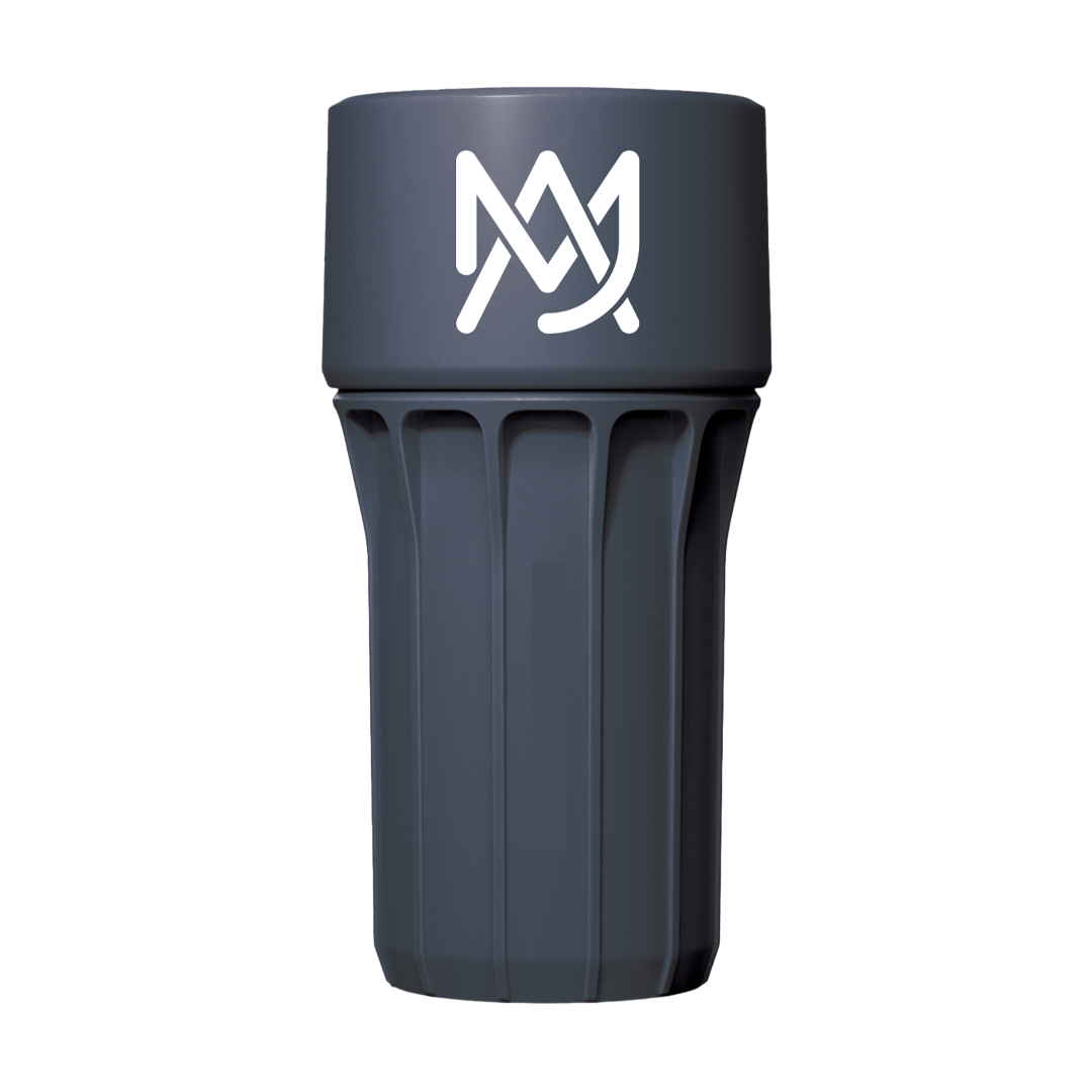 Staze x MJ Arsenal Polyresin Stash Jar in sleek black, front view with branded lid