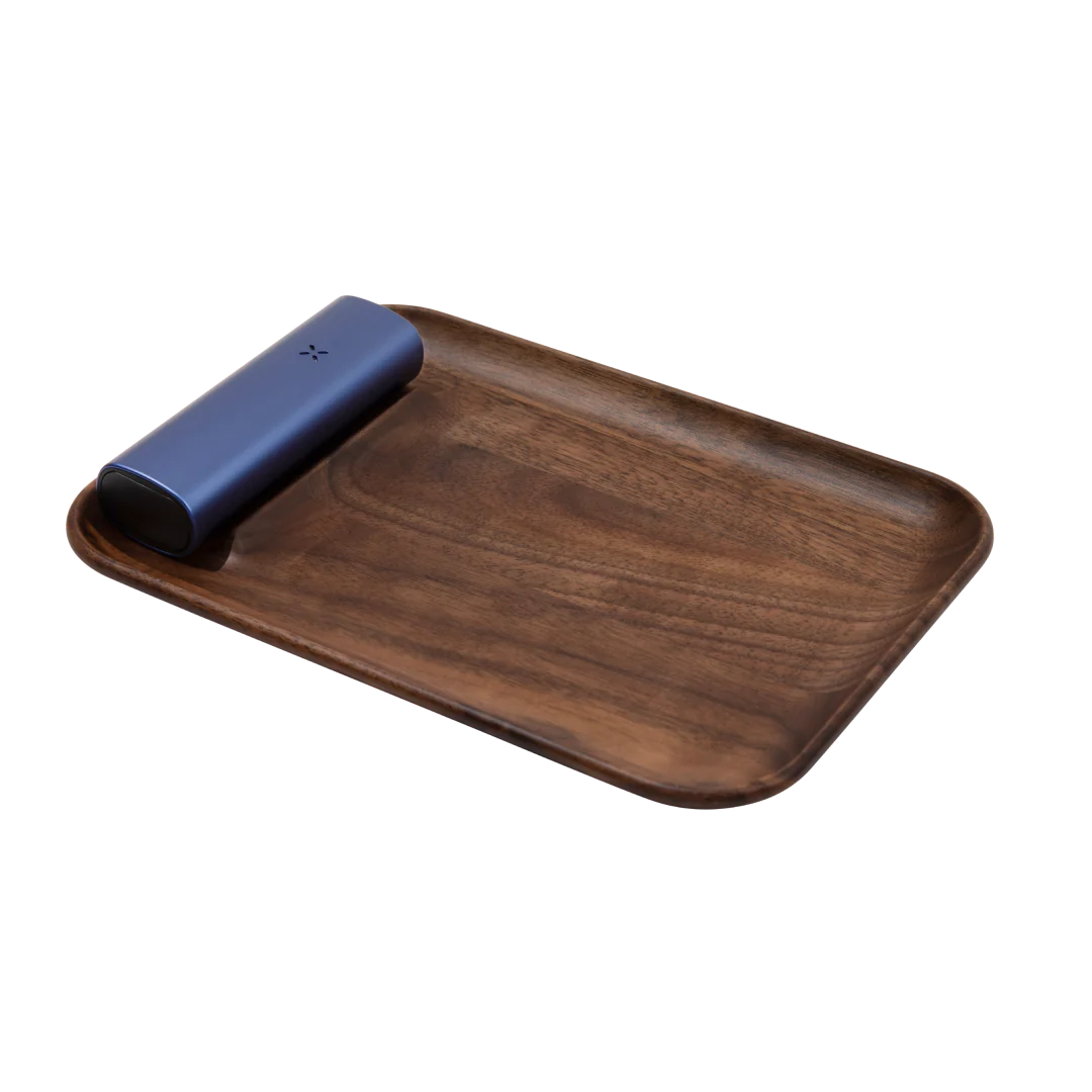 Pax Walnut Prep Tray with Device Spot, 7.6"x5.6", Angled View on White Background