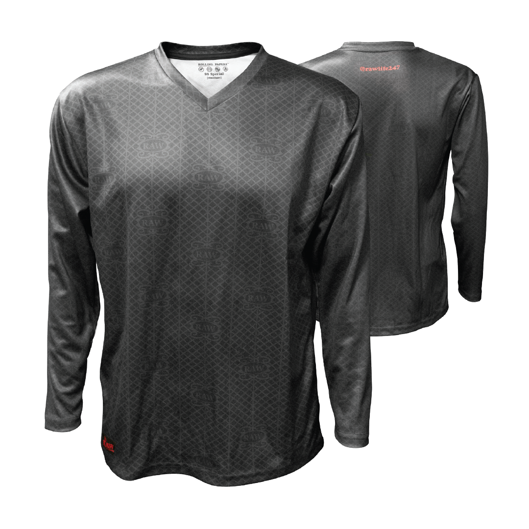 RAW Black Long Sleeve Shirt with V-Neck and Crew Neck Options, Iconic Logo Pattern, Front and Back View