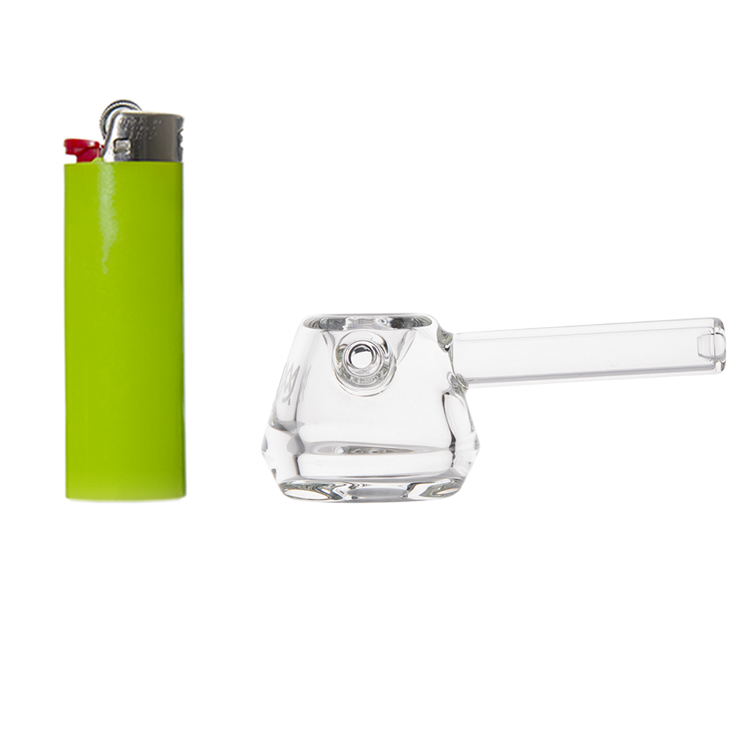 MJ Arsenal Kettle Hand Pipe - Clear Glass with Deep Bowl - Front View with Lighter