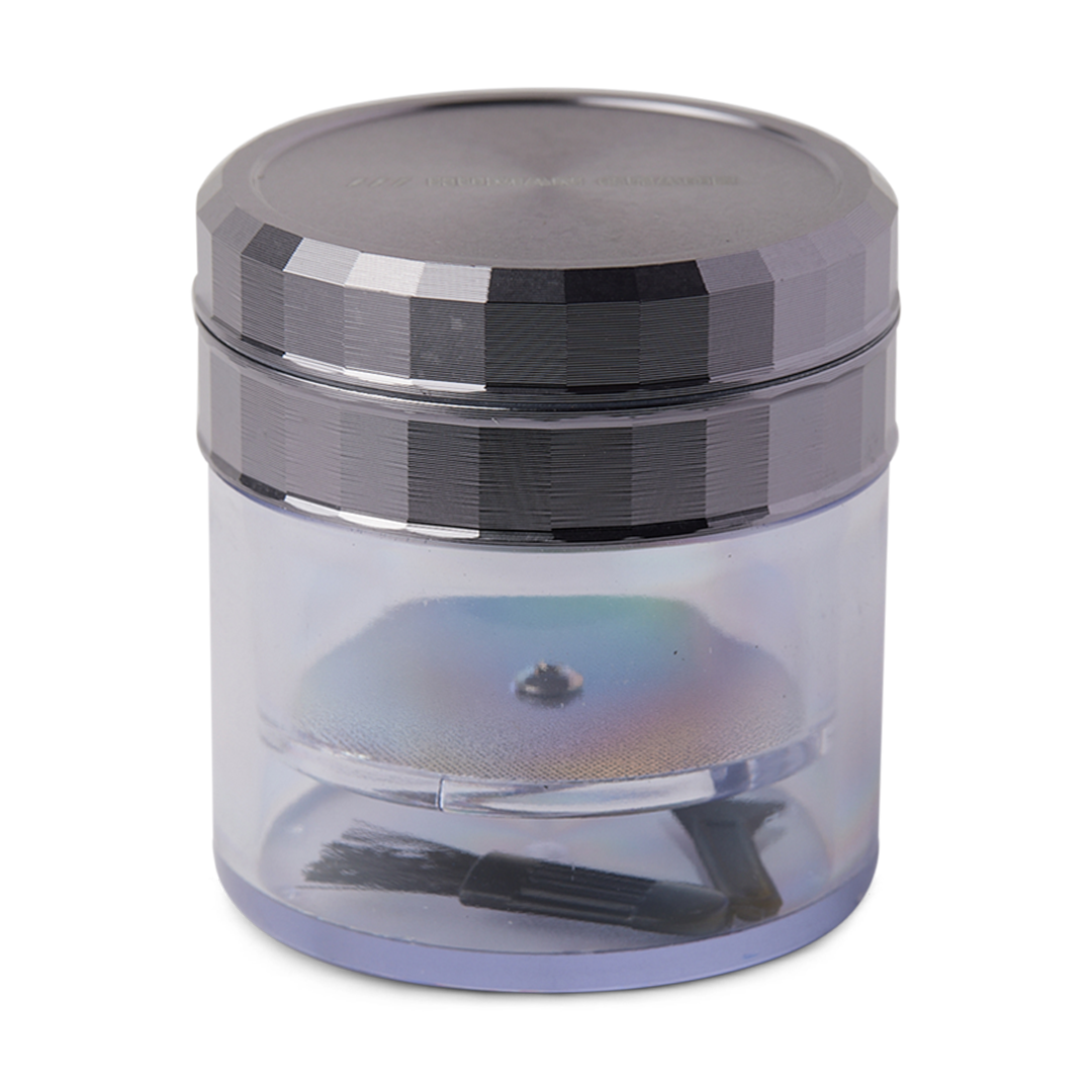 Human Grade Storage Grinder 1A in Gunmetal - 2.5" Front View with Transparent Chamber