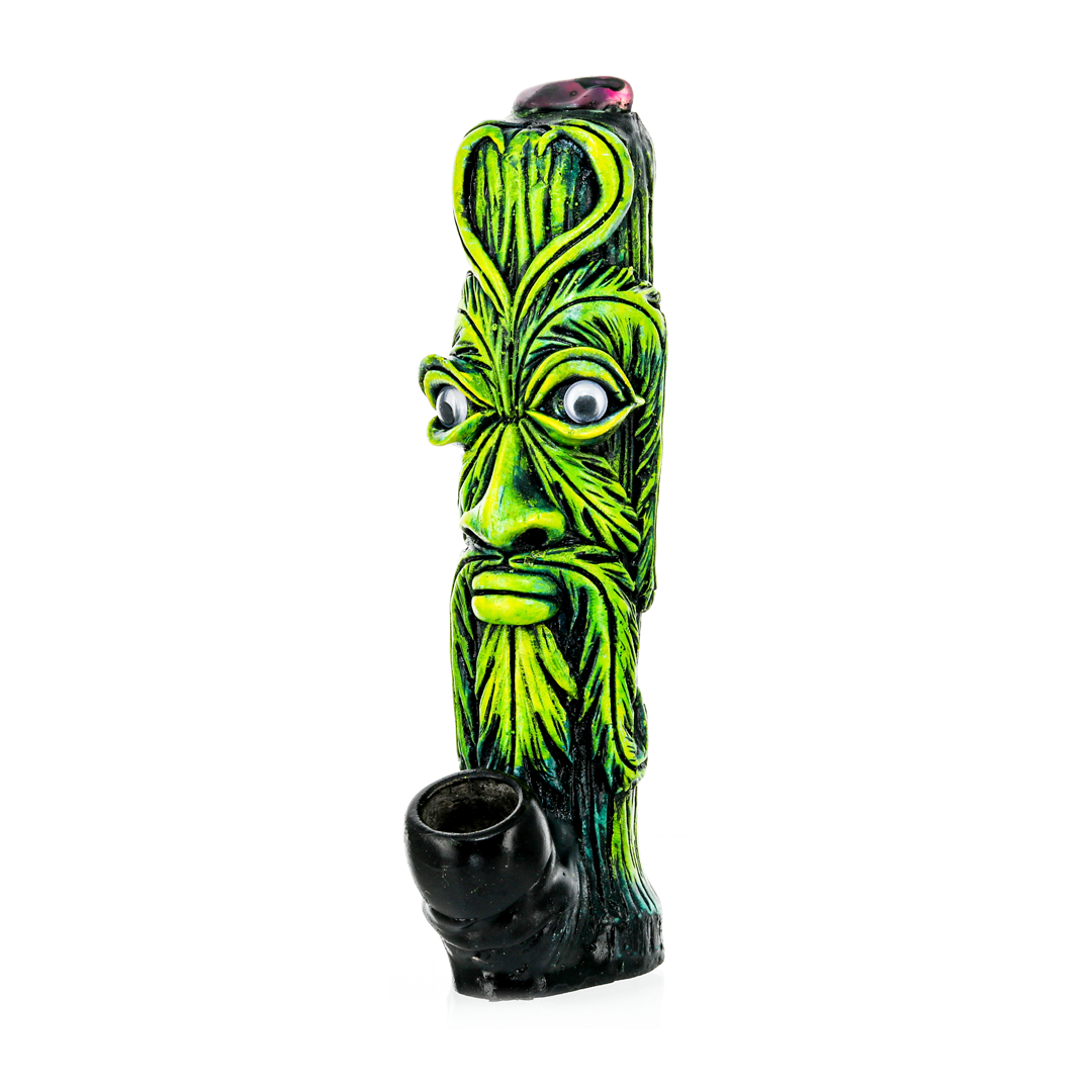 Medusa Customs Hand Carved Tiki Pipe - Front View with Intricate Green and Black Detailing