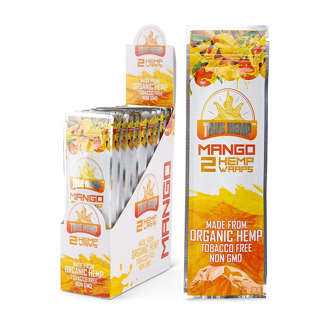 True Hemp Mango Hemp Wraps 25 Pack Display Box and Single Pack Front View