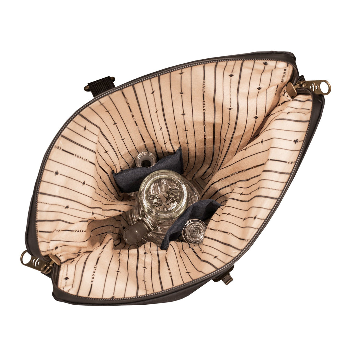 Open view of The Defender Smell Proof Padded Backpack by Revelry Supply showcasing interior padding