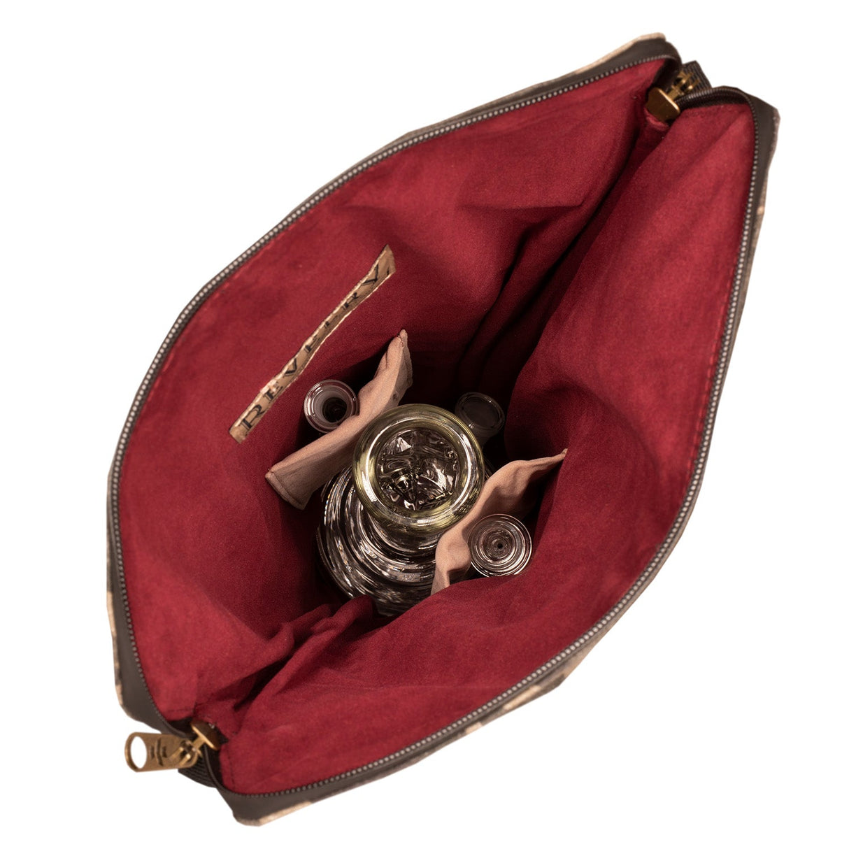 Top view of The Defender Smell Proof Padded Backpack by Revelry Supply, open to show interior