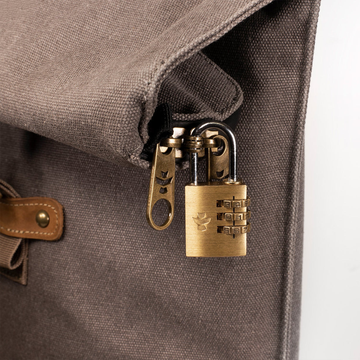 Close-up of The Defender backpack's lock by Revelry Supply, showcasing its smell-proof feature