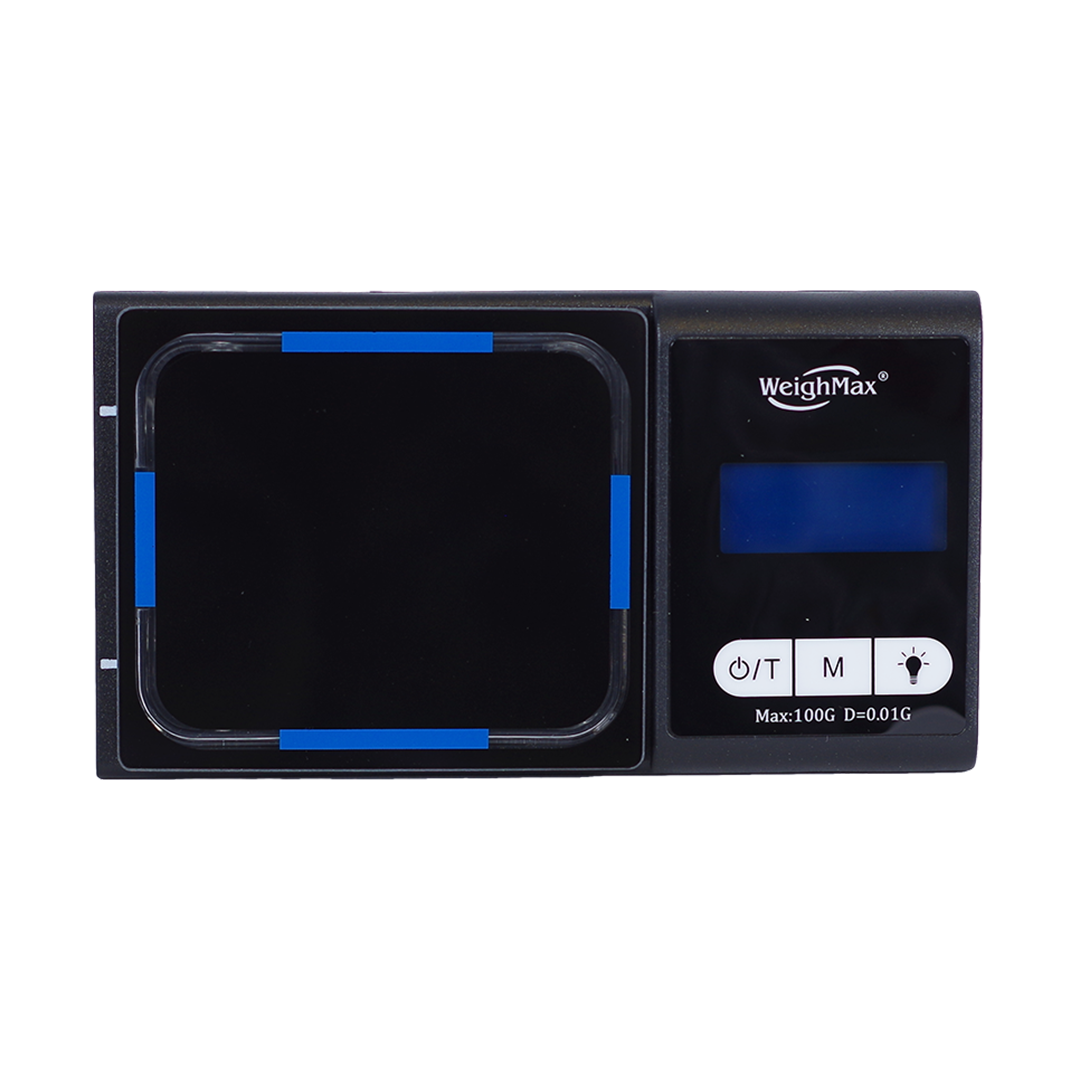 WeighMax LUX-100 Digital Scale in Blue, Top View on Seamless White Background, Precision Portable