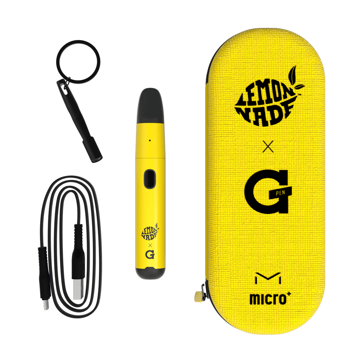 Lemonnade X G Pen Micro+ Vaporizer set with USB cable, keychain tool, and carry case