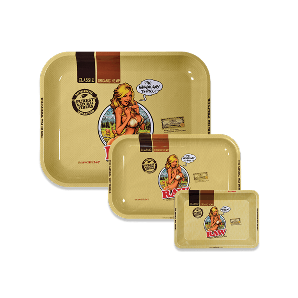 RAW Essential Rolling Trays in various sizes with classic design, perfect for organizing rolling accessories