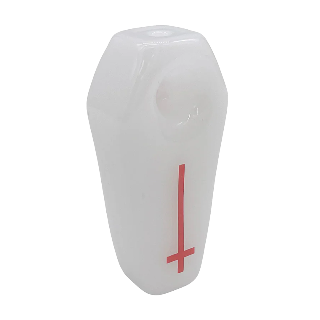 BlackCraft Cult Coffin Glass Pipe 4.5" Gothic Hand Pipe with Red Cross Design - Front View