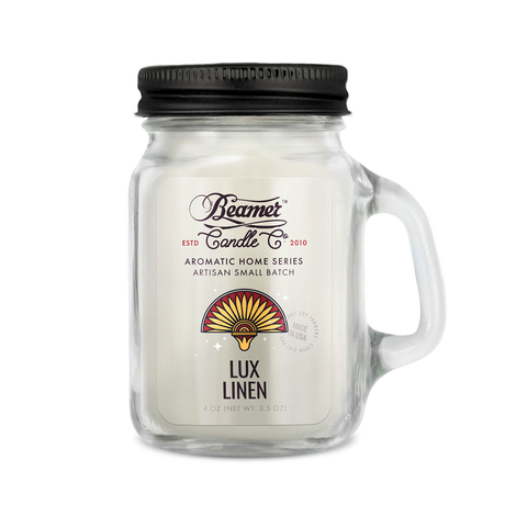 Beamer Candle Co. Lux Linen Mini 4oz Candle in Mason Jar with Black Lid - Front View