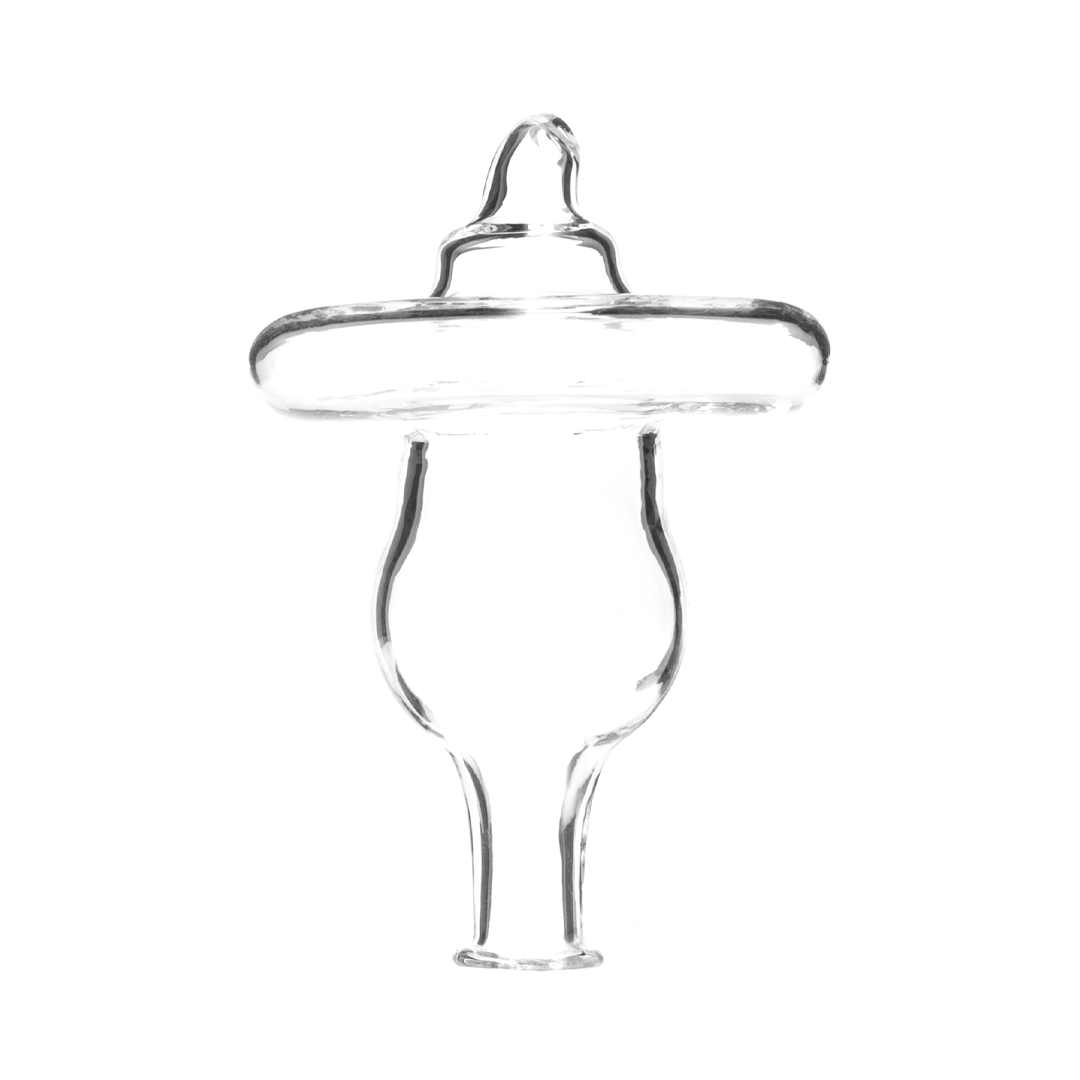 Blue Blood Spiral Carb Cap in clear glass, front view, for precise airflow control in dab rigs