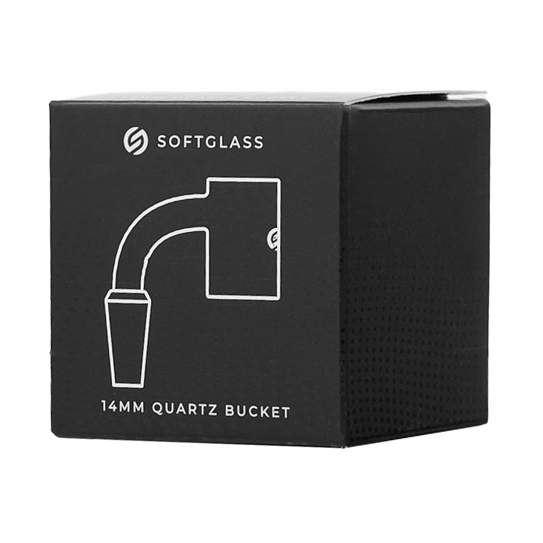 SOFTGLASS Full Weld Quartz Bucket packaging, front view on seamless white background
