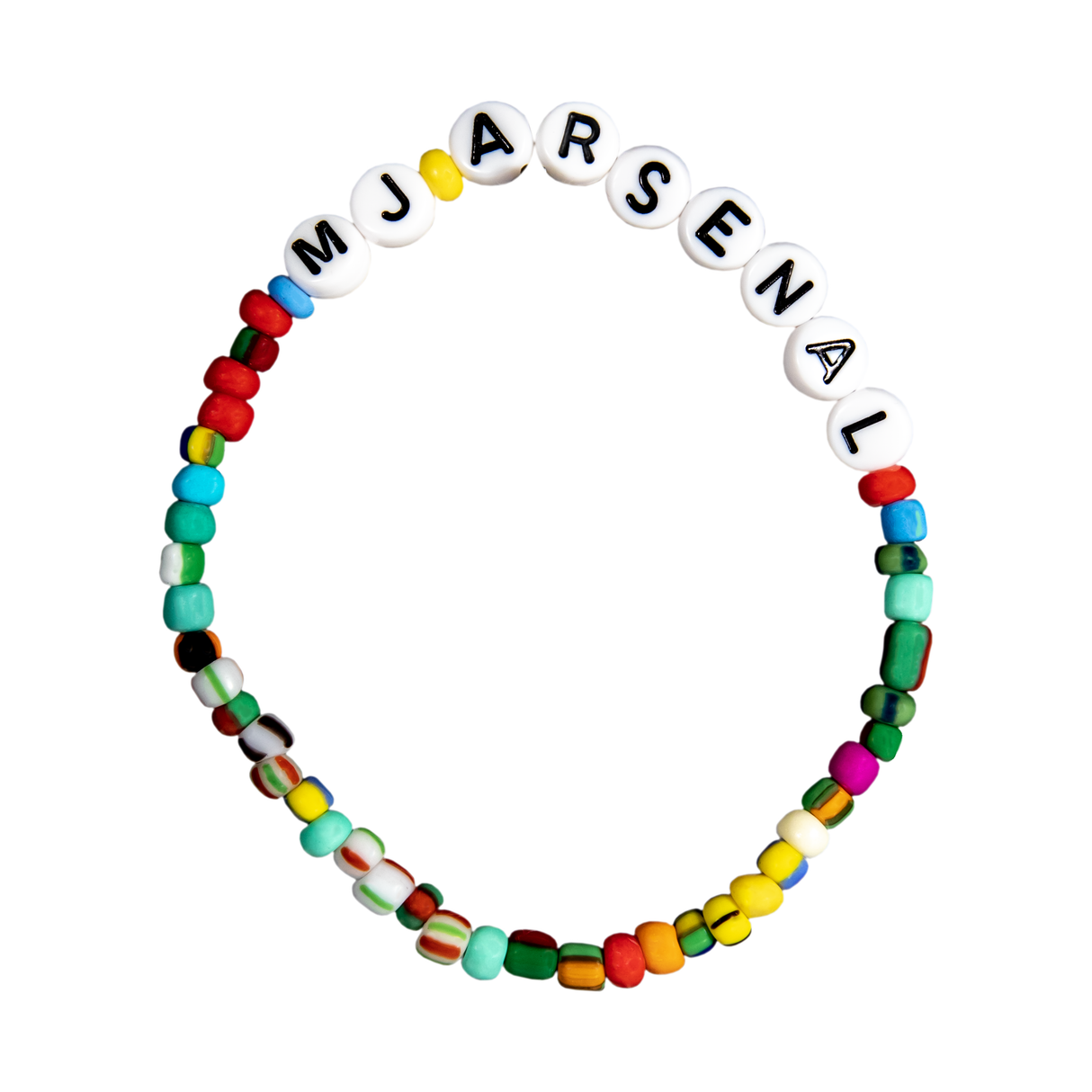 MJ Arsenal colorful beaded bracelet with white letter beads spelling 'MJARSENAL', top view on white