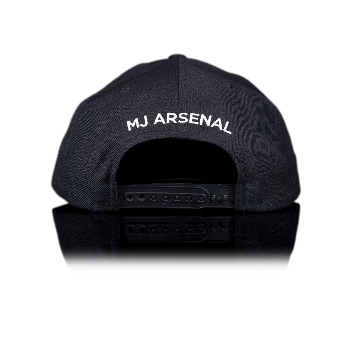 MJ Arsenal logo embroidered black snapback hat, rear view showing adjustable strap