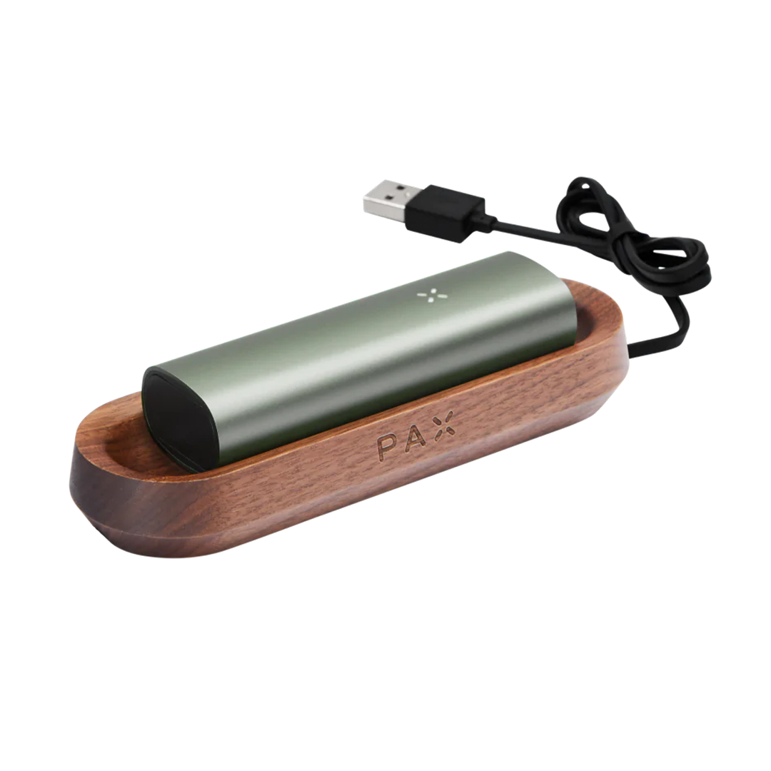 PAX Elegant Walnut Wooden Charging Tray with USB Cable and Green Vaporizer