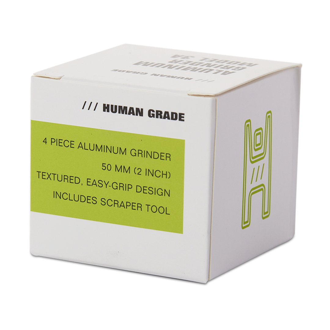 Human Grade Grinder 3A packaging - 2" 4-Piece Aluminum Grinder with Scraper Tool