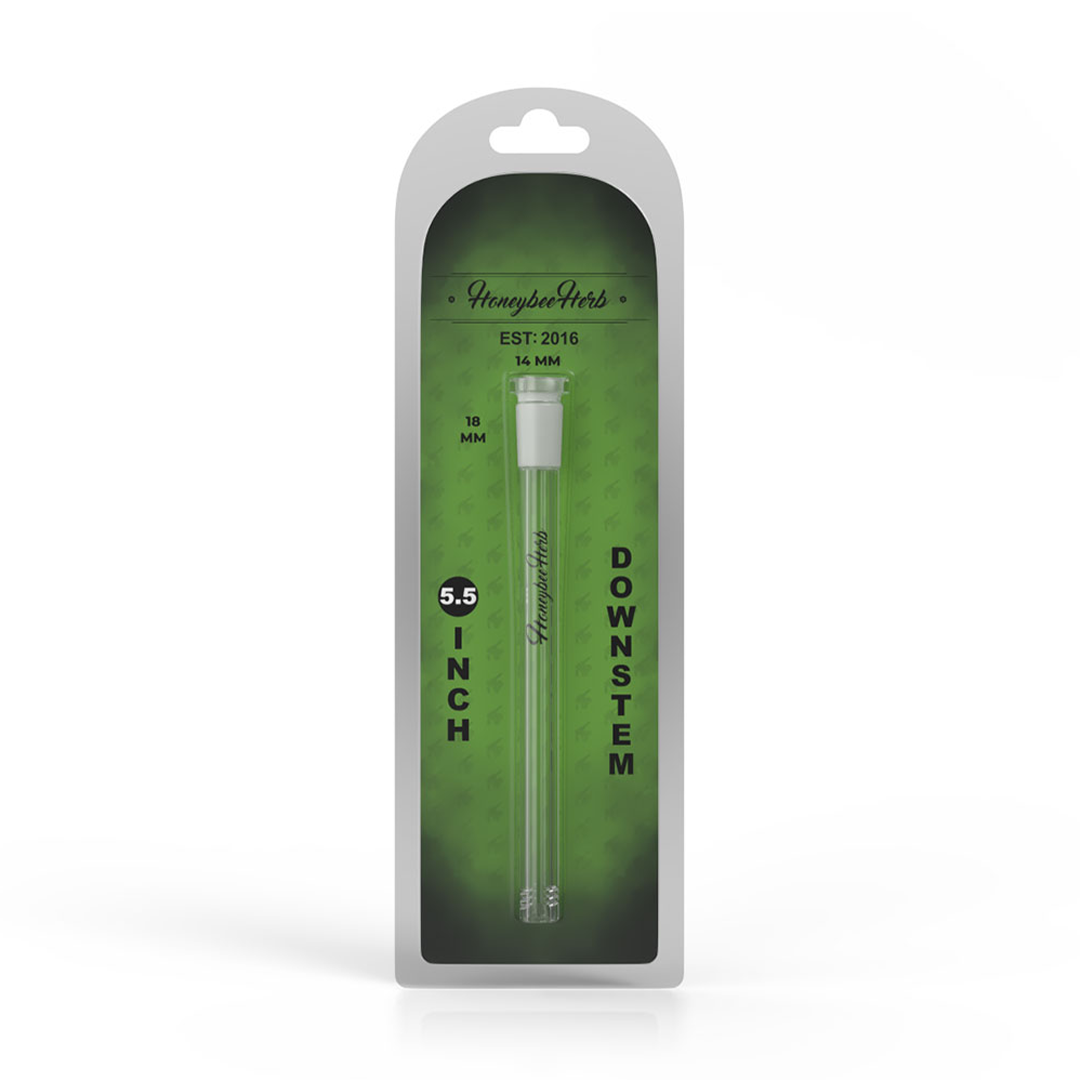 Honeybee Herb Glass Downstem, 14mm Female to 18mm Male, 5.5" Size, Front View in Packaging