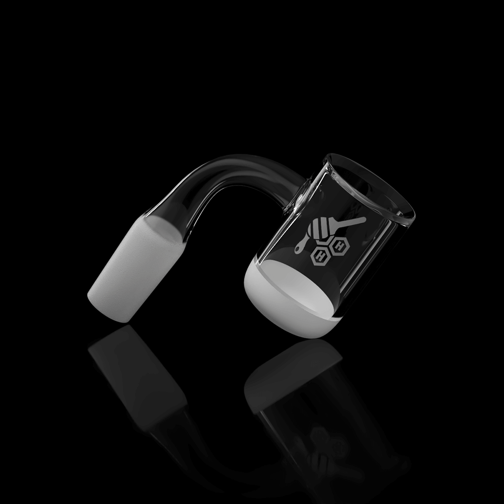 Honey & Milk Bevel Bowl Quartz Banger - 90° Degree, 10mm Male Joint, Clear Design on Black Background