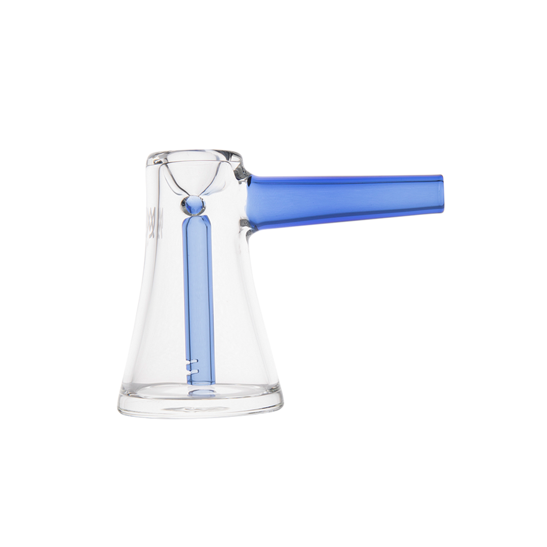 MJ Arsenal Vulkan Bubbler in Azure, side view on a seamless white background