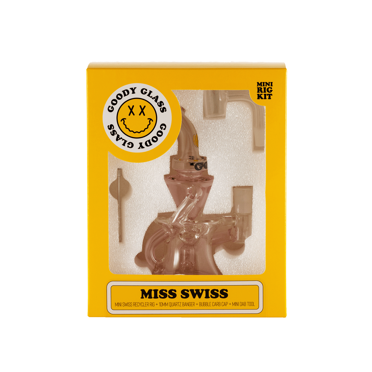 Goody Glass Miss Swiss Mini Dab Rig Kit in packaging, front view, with dab tool and cap