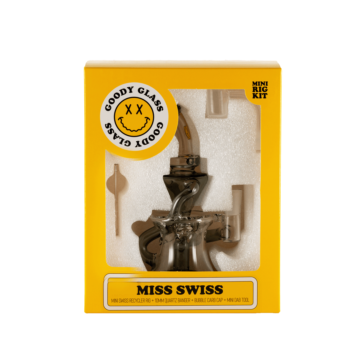 Goody Glass Miss Swiss Mini Dab Rig Kit, front view, in packaging with dab tool and quartz banger