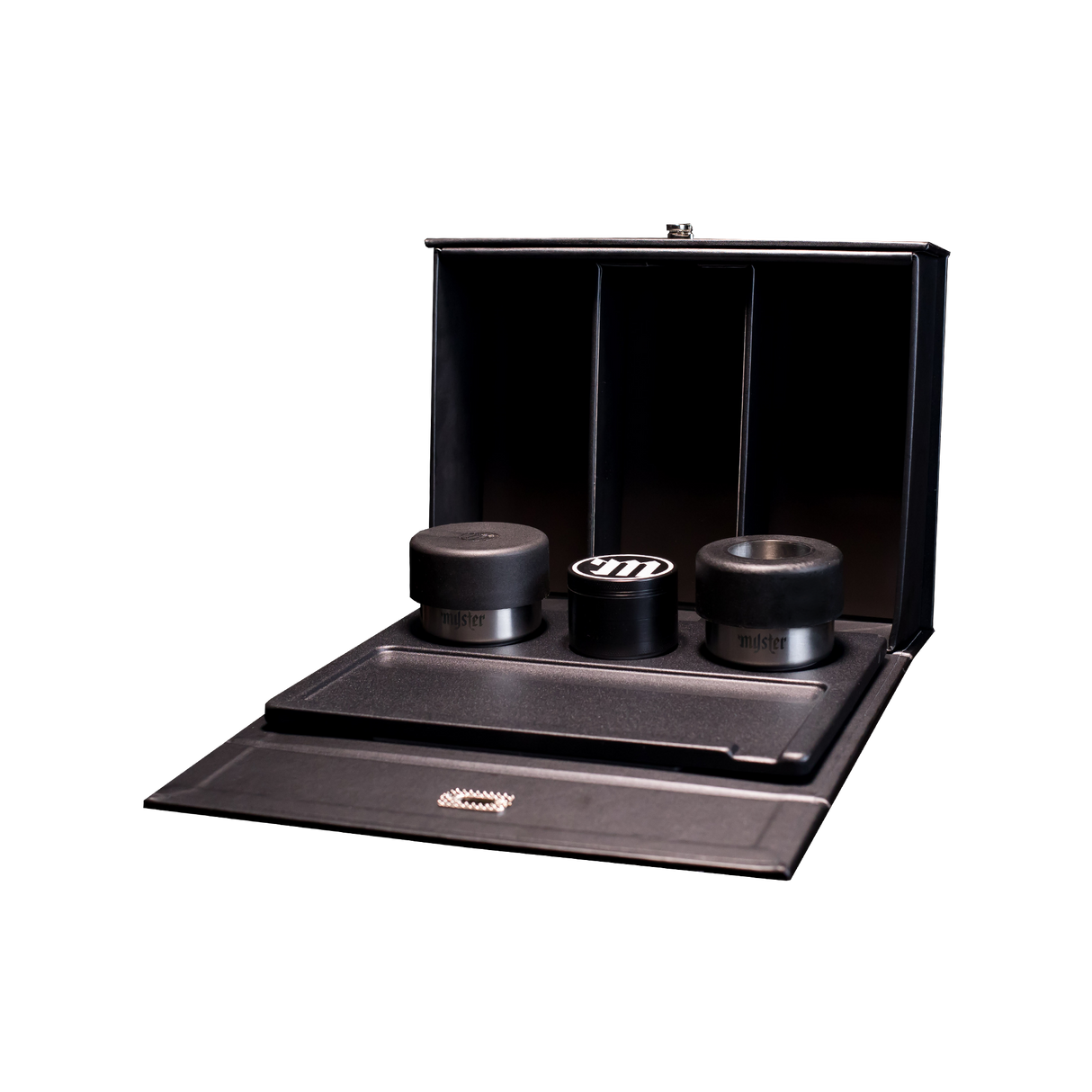 Myster Limited Edition Blacked Out Stashtray Set, Front View on Seamless Black Background