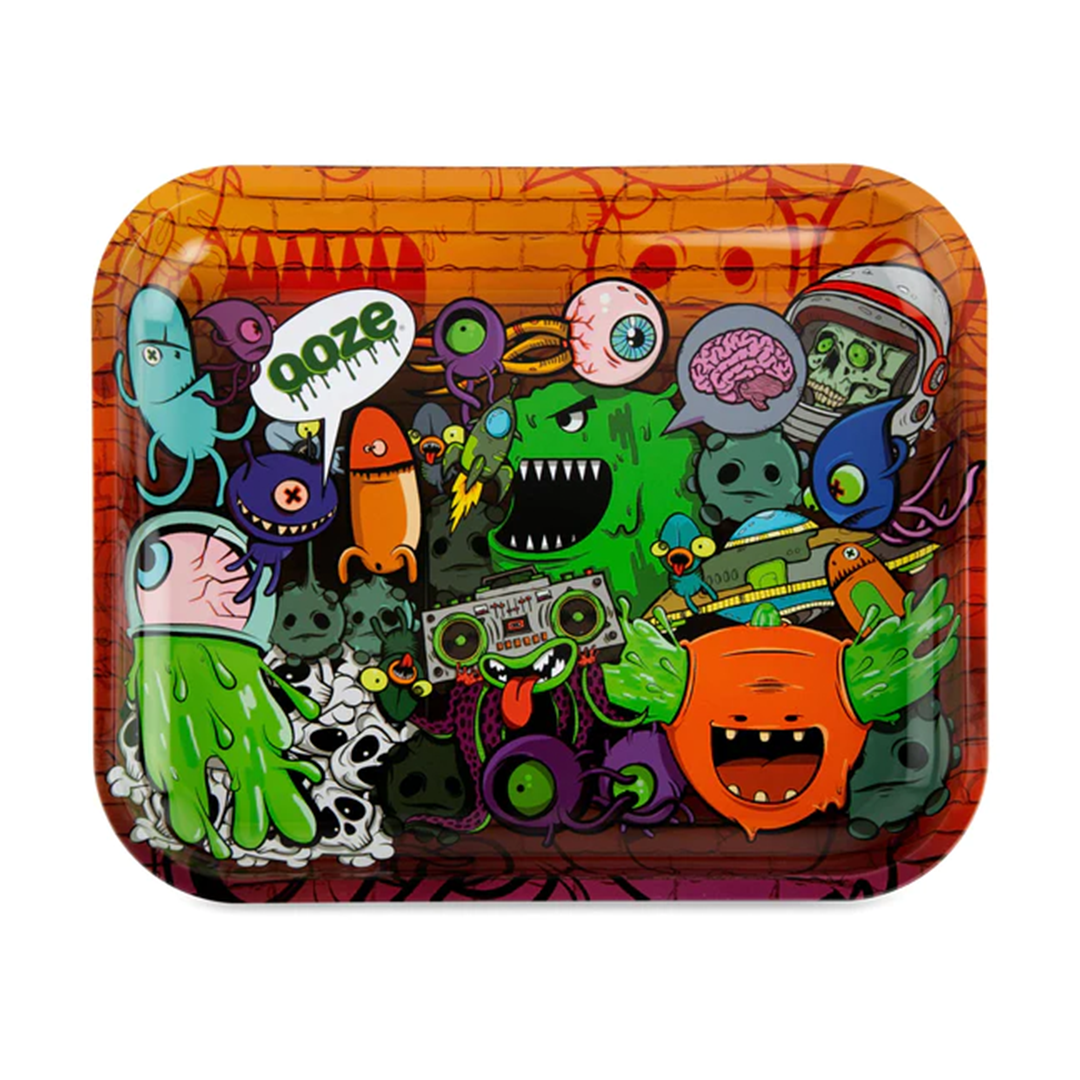 Ooze Monstrosity Metal Rolling Tray with colorful cartoon monster design, 14.25" x 11.25" size, top view