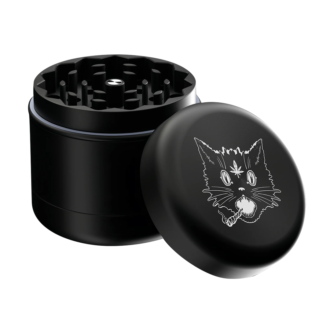 Blackcraft 2" Black Grinder with Nine Lives Cat Design - 4 Piece, Top View