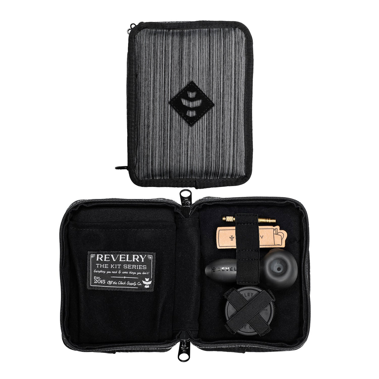 Revelry Supply The Pipe Kit in Striped Dark Grey, smell proof and open view showing contents
