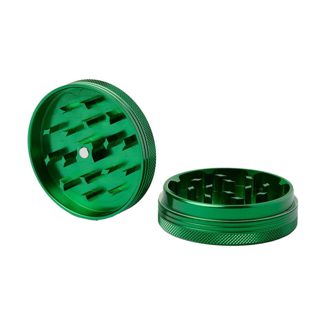 Medusa Customs Flat Grinders in vibrant green, open view showing sharp teeth and texture
