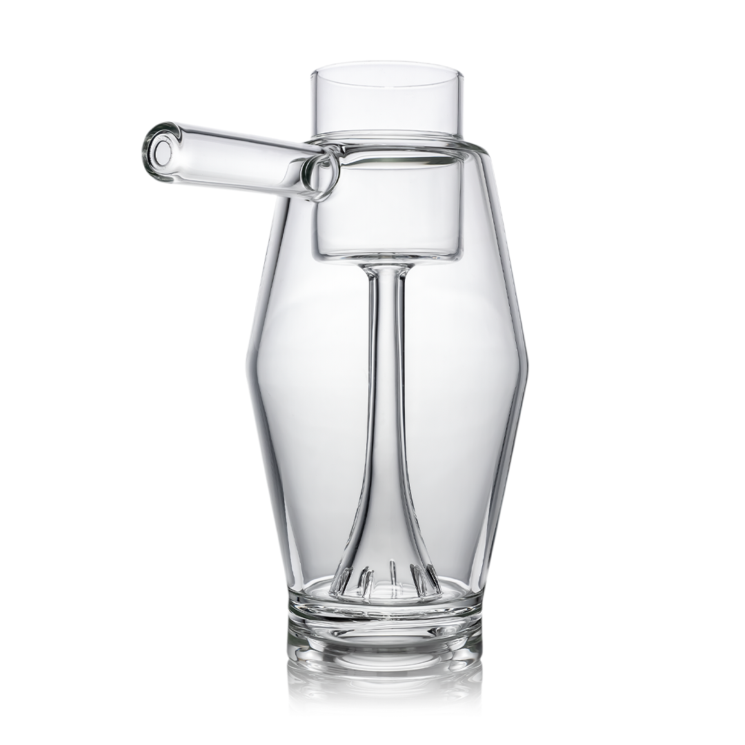 MJ Arsenal Proxy Bubbler for dabbing, clear borosilicate glass, angled side view on white